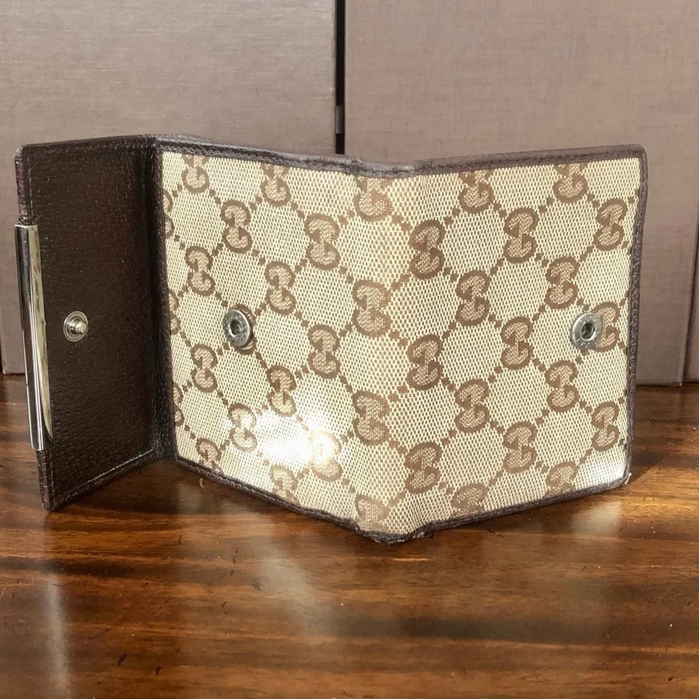 GUCCI GG Web Monogram Brown Leather Tan Canvas Trifold Wallet